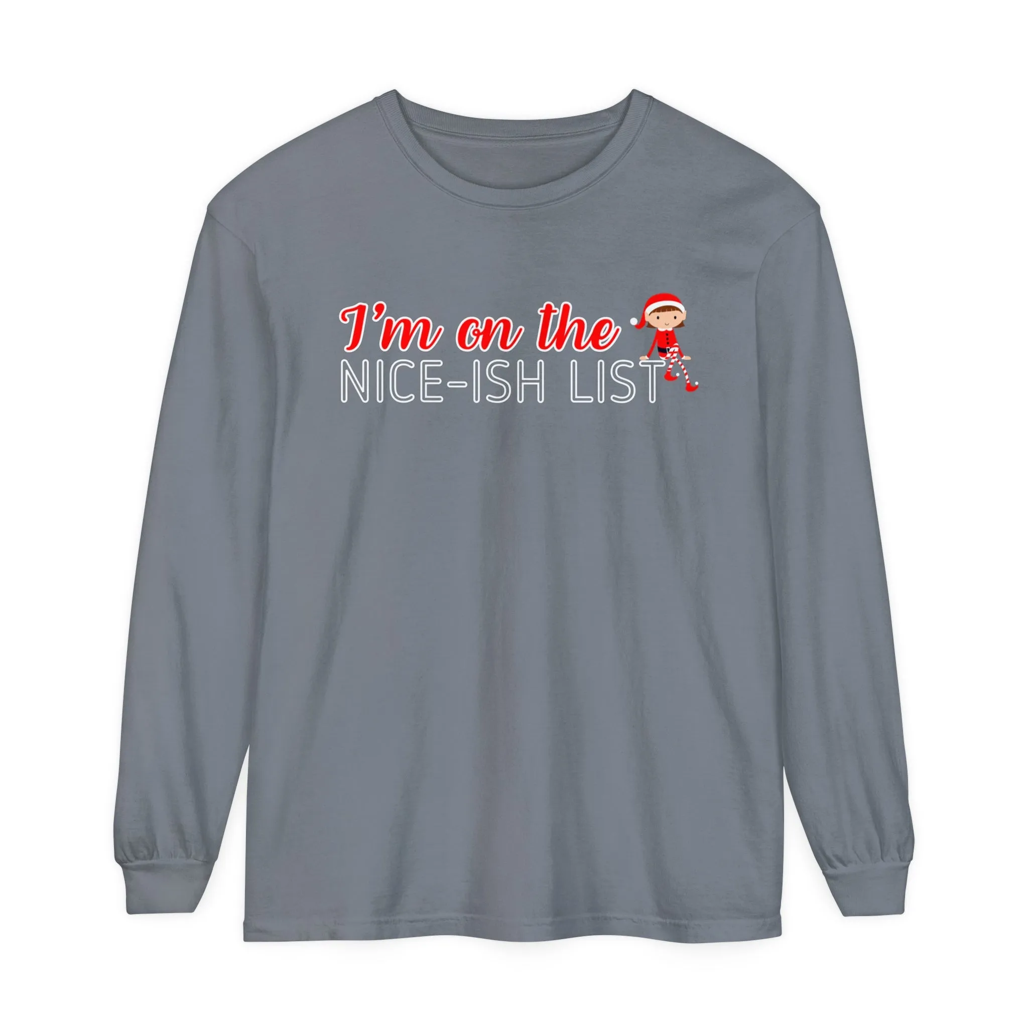 Comfort Colors Garment-Dyed Long Sleeve T-Shirt - 'I'm on the Nice-ish List' Girl Elf Tee