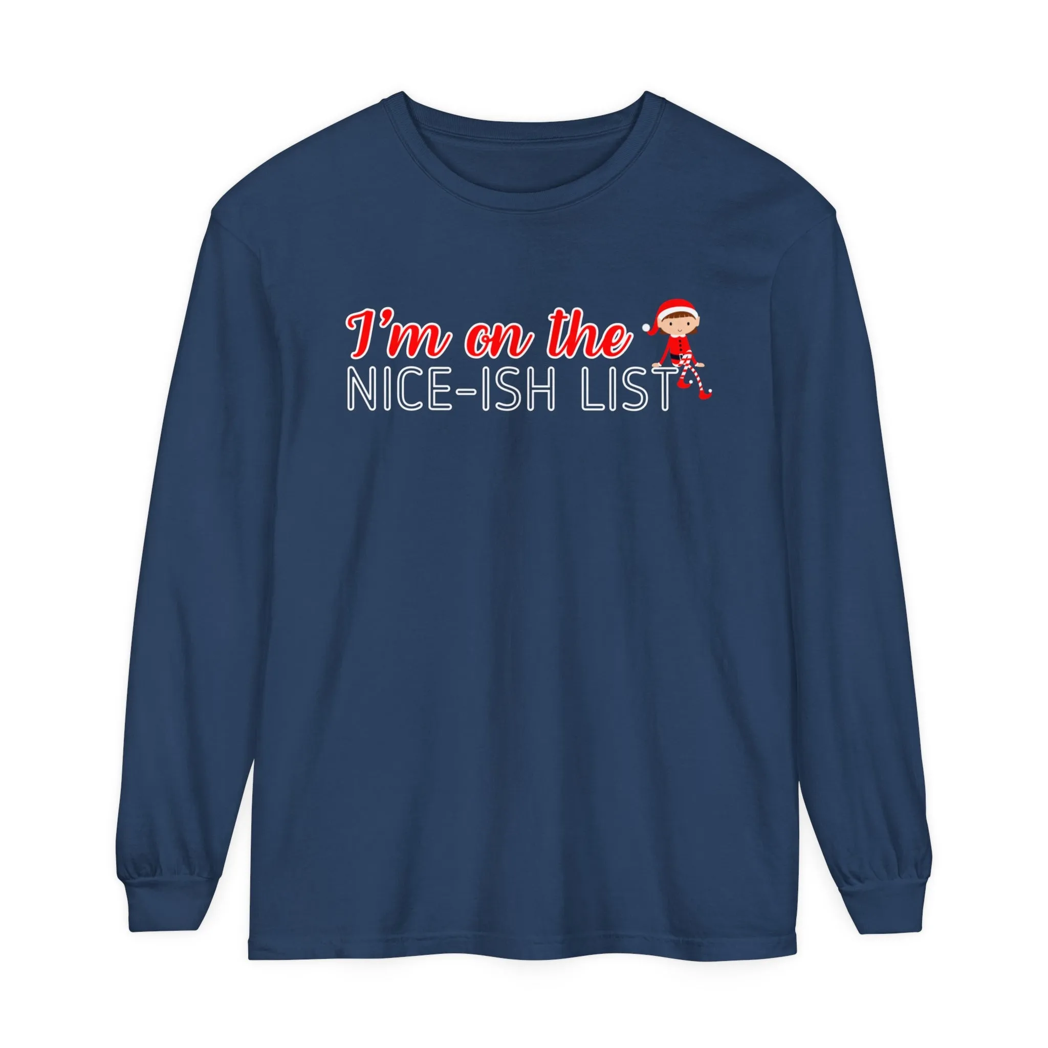 Comfort Colors Garment-Dyed Long Sleeve T-Shirt - 'I'm on the Nice-ish List' Girl Elf Tee