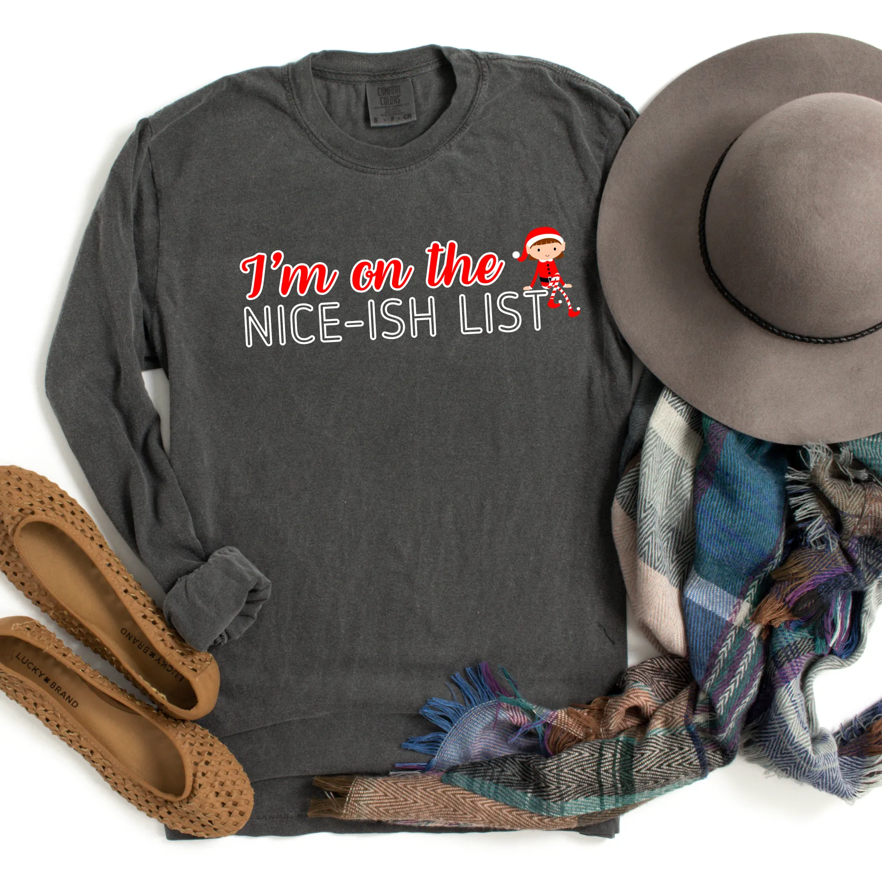 Comfort Colors Garment-Dyed Long Sleeve T-Shirt - 'I'm on the Nice-ish List' Girl Elf Tee