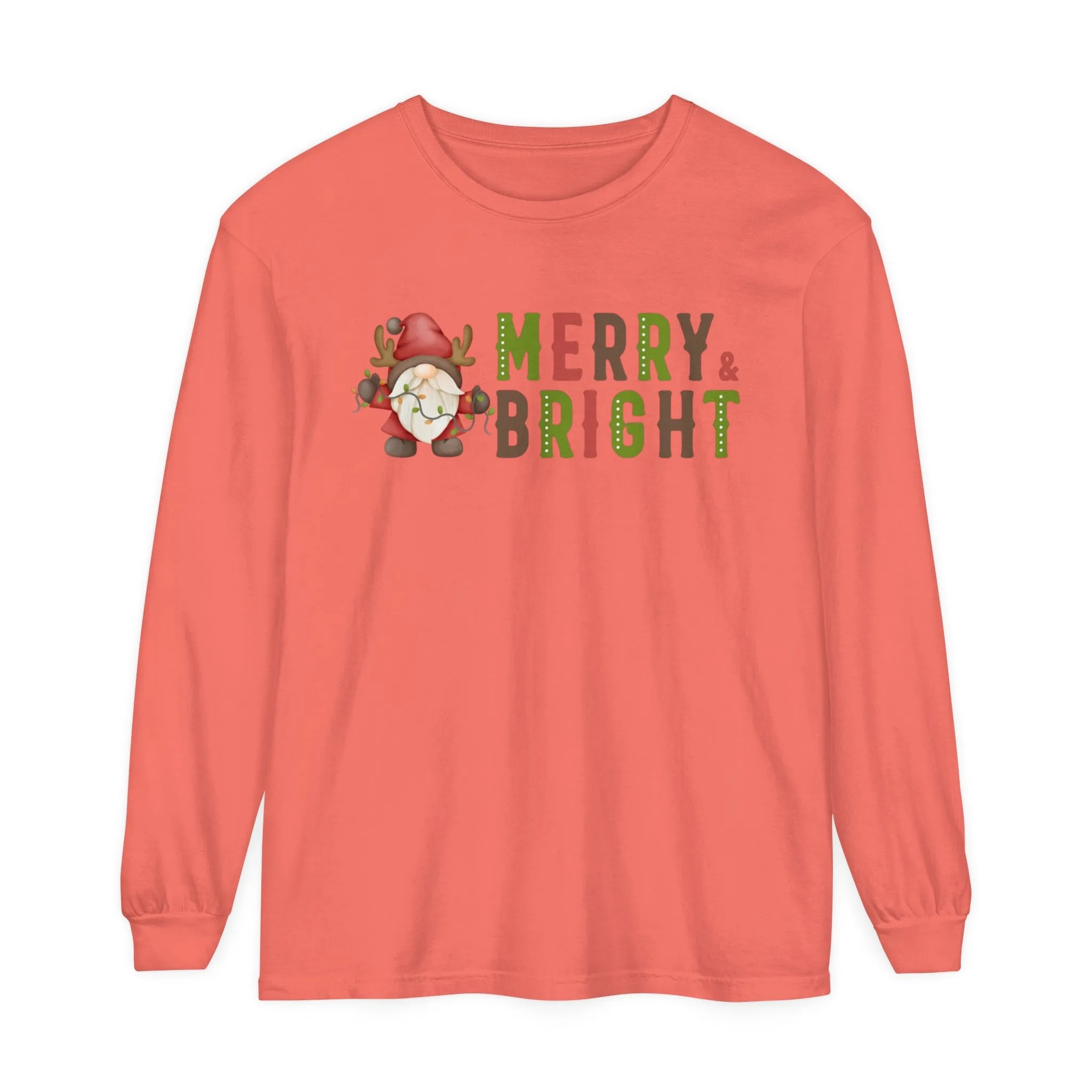 Comfort Colors Garment-Dyed Long Sleeve T-Shirt - 'Merry and Bright' Santa Gnome Holiday Tee