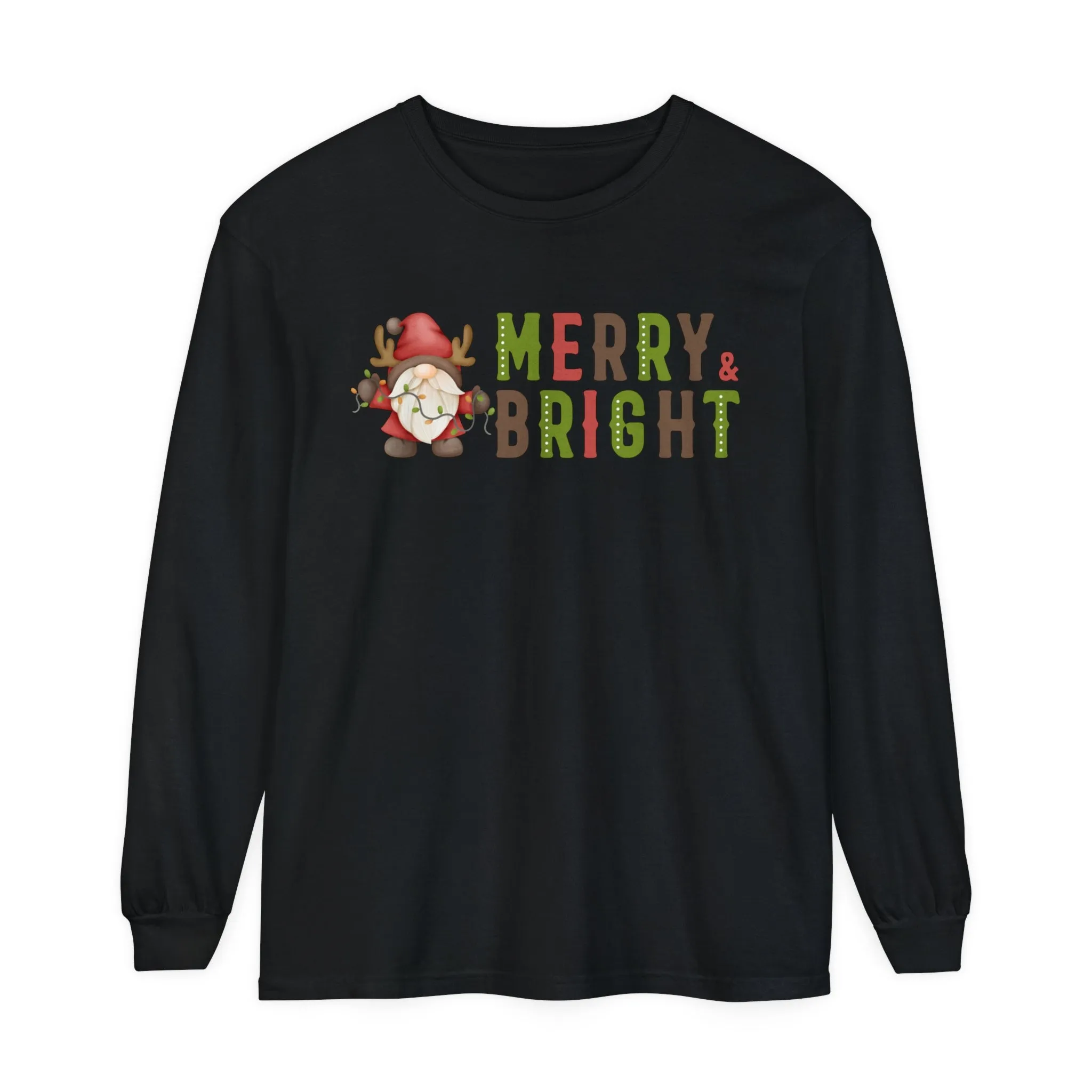 Comfort Colors Garment-Dyed Long Sleeve T-Shirt - 'Merry and Bright' Santa Gnome Holiday Tee