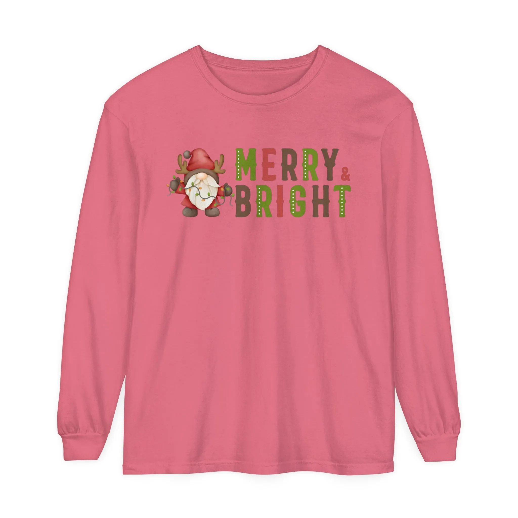 Comfort Colors Garment-Dyed Long Sleeve T-Shirt - 'Merry and Bright' Santa Gnome Holiday Tee