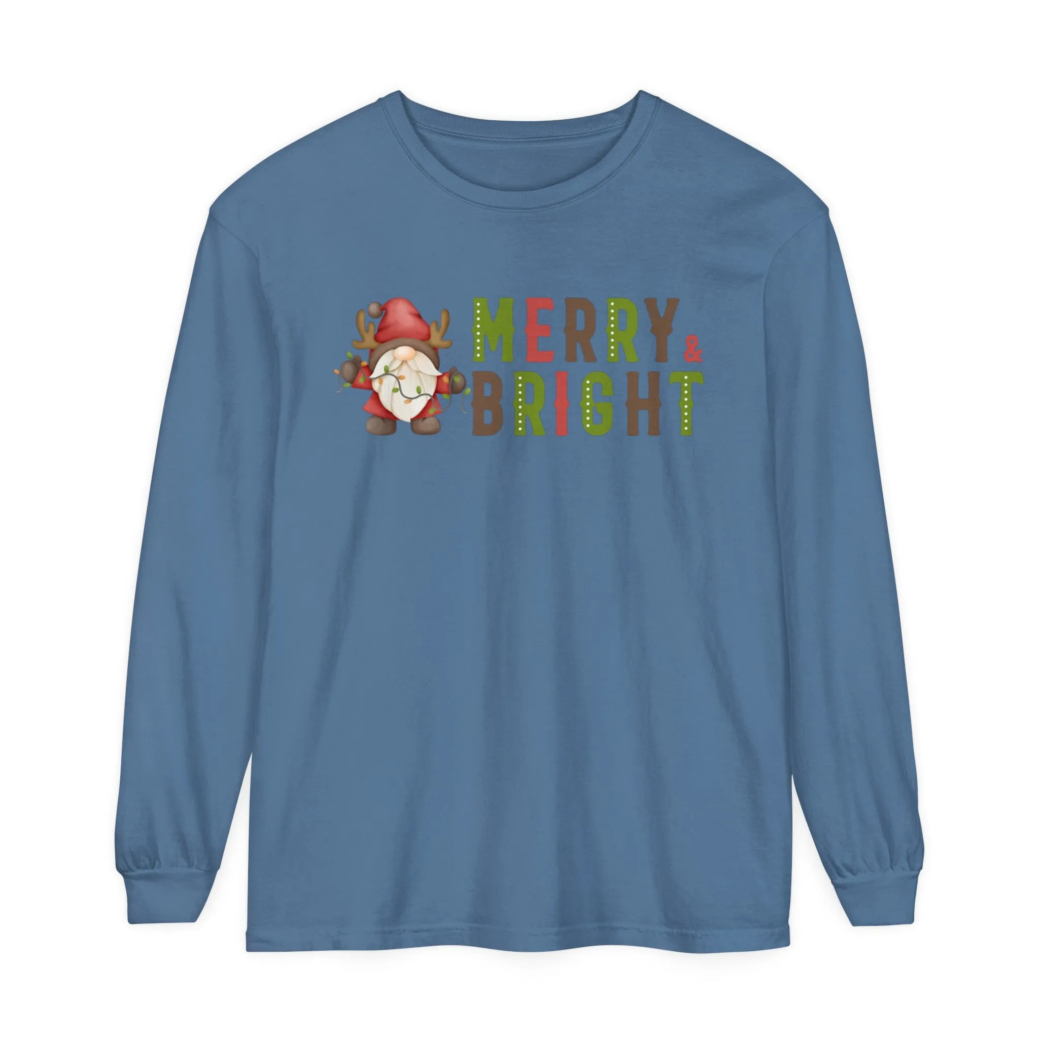 Comfort Colors Garment-Dyed Long Sleeve T-Shirt - 'Merry and Bright' Santa Gnome Holiday Tee