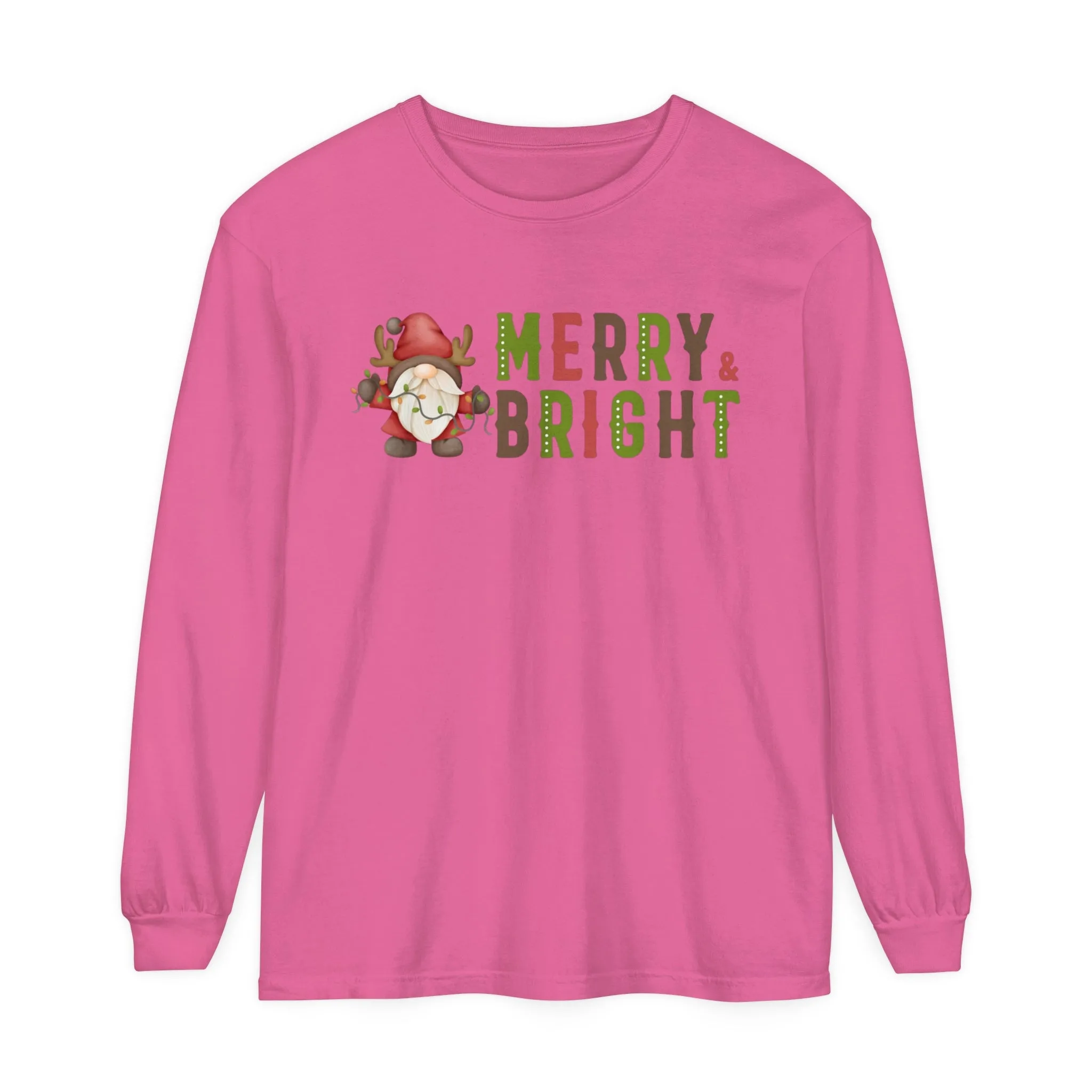 Comfort Colors Garment-Dyed Long Sleeve T-Shirt - 'Merry and Bright' Santa Gnome Holiday Tee