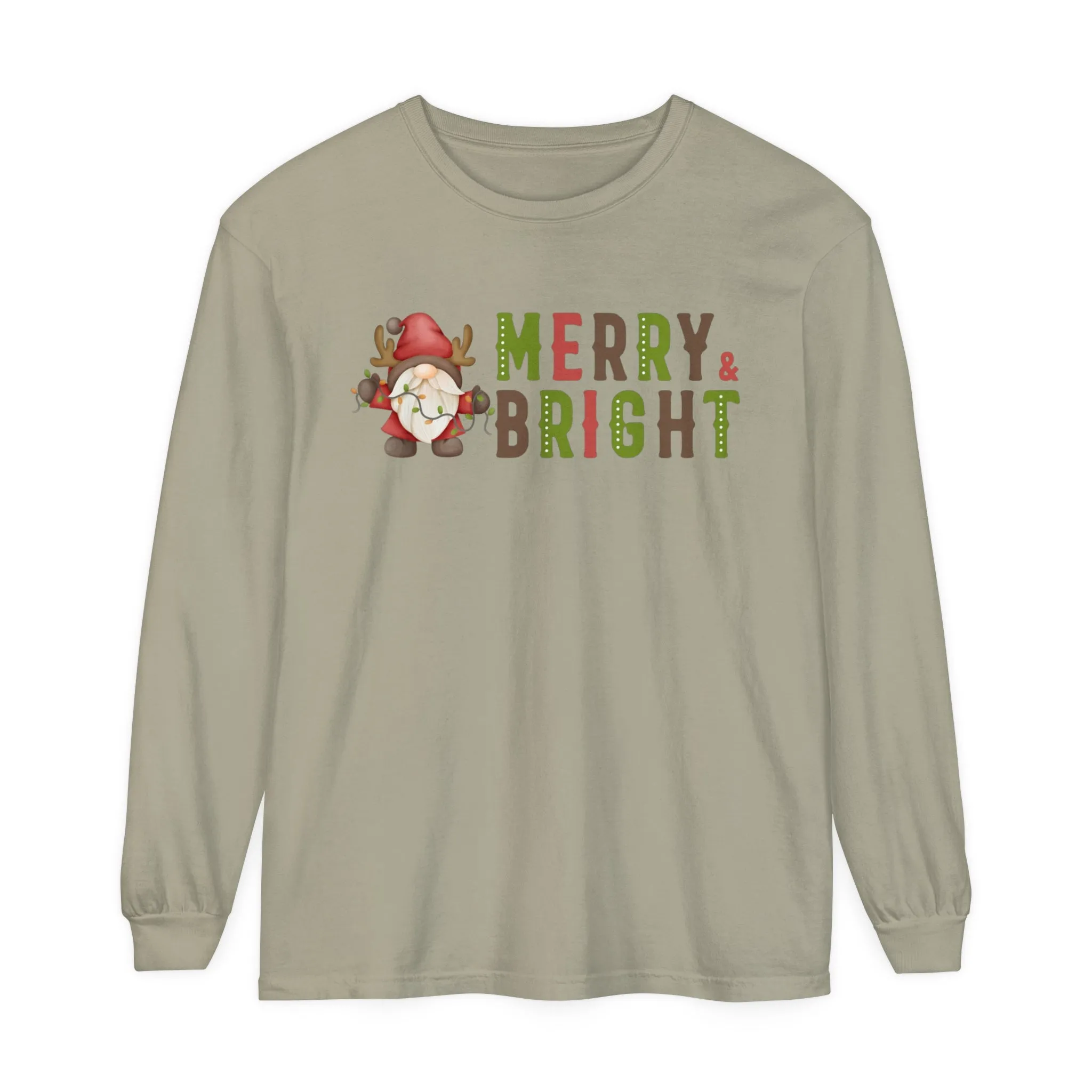Comfort Colors Garment-Dyed Long Sleeve T-Shirt - 'Merry and Bright' Santa Gnome Holiday Tee