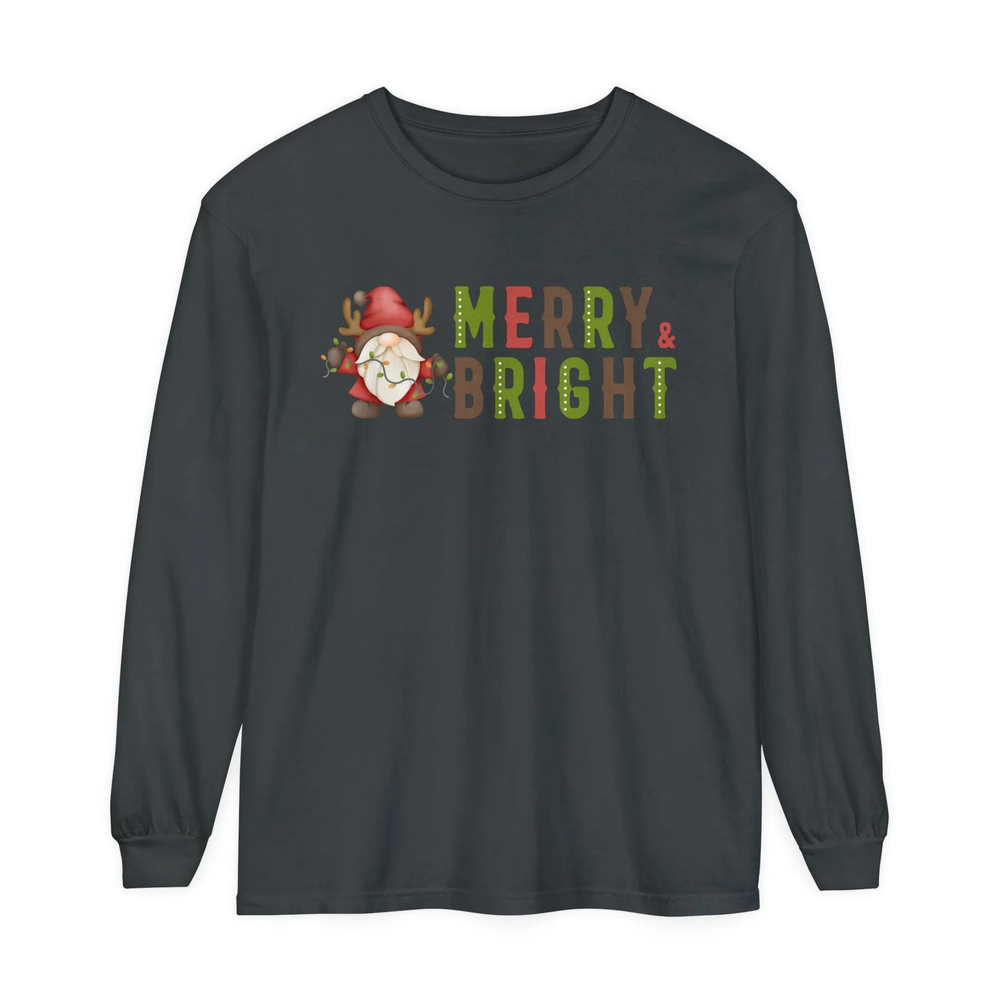 Comfort Colors Garment-Dyed Long Sleeve T-Shirt - 'Merry and Bright' Santa Gnome Holiday Tee