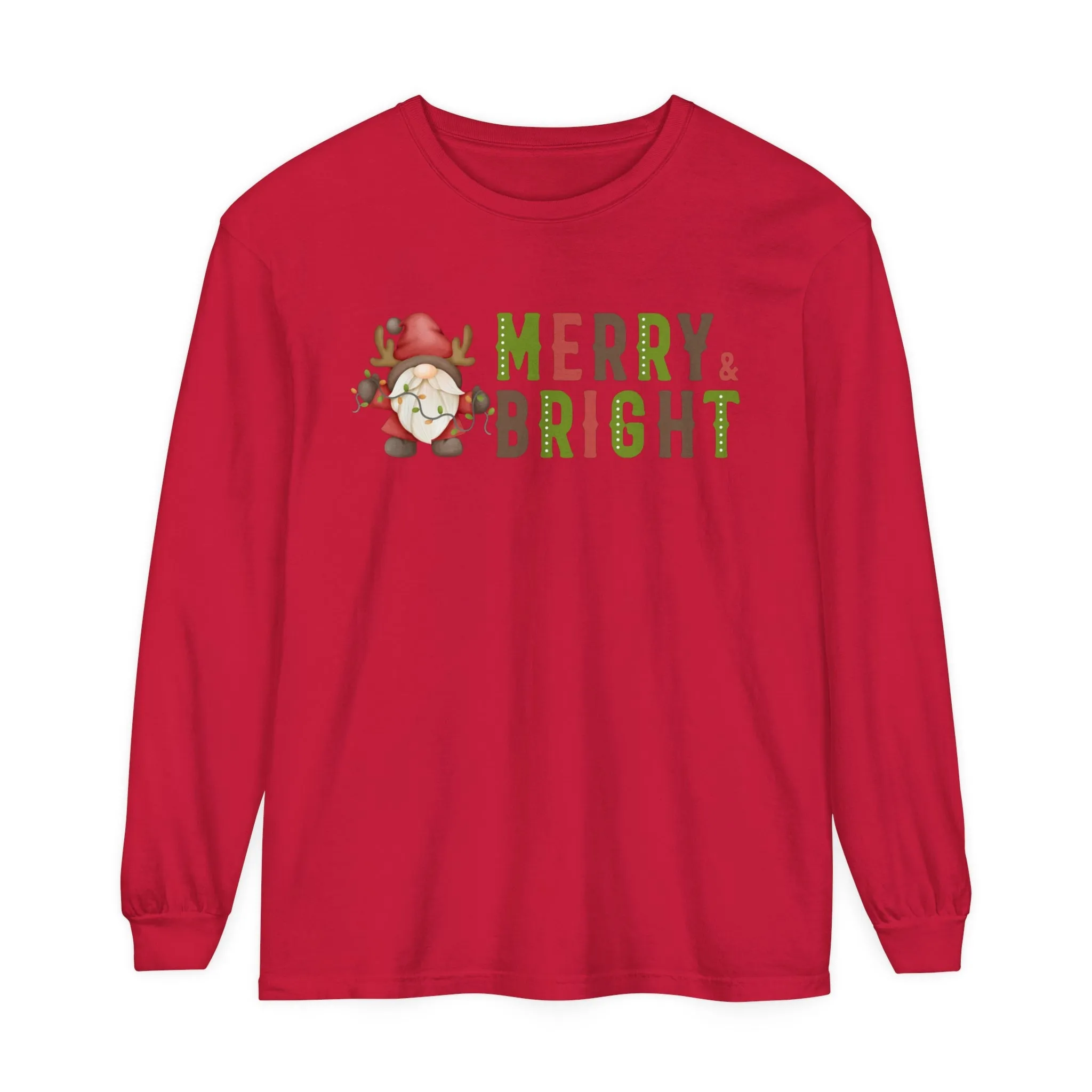 Comfort Colors Garment-Dyed Long Sleeve T-Shirt - 'Merry and Bright' Santa Gnome Holiday Tee