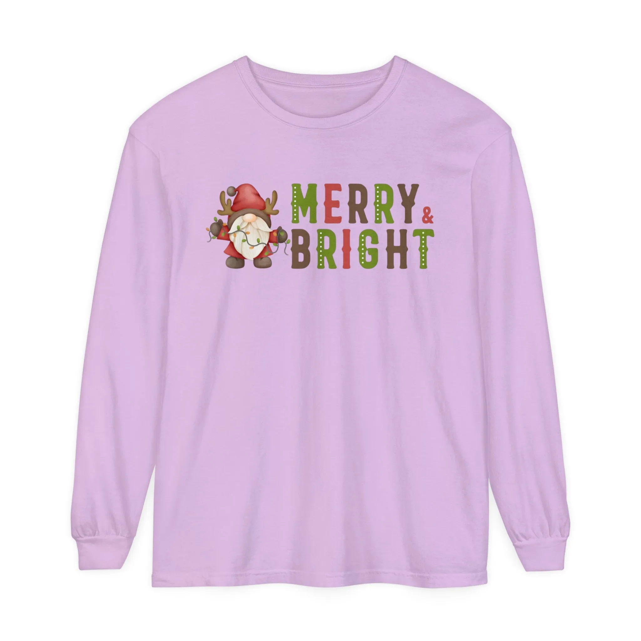 Comfort Colors Garment-Dyed Long Sleeve T-Shirt - 'Merry and Bright' Santa Gnome Holiday Tee