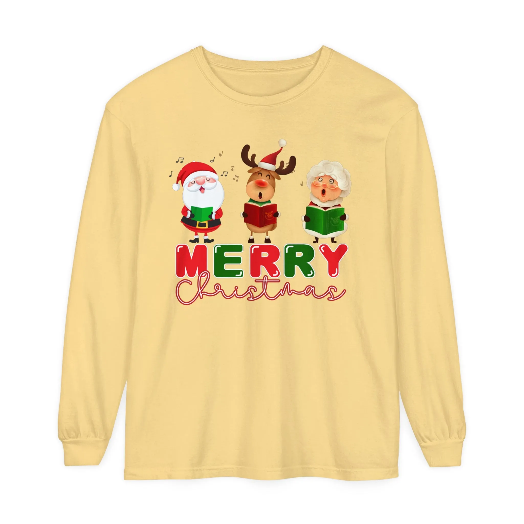 Comfort Colors Garment-Dyed Long Sleeve T-Shirt - 'Merry Christmas' Carolers Festive Tee