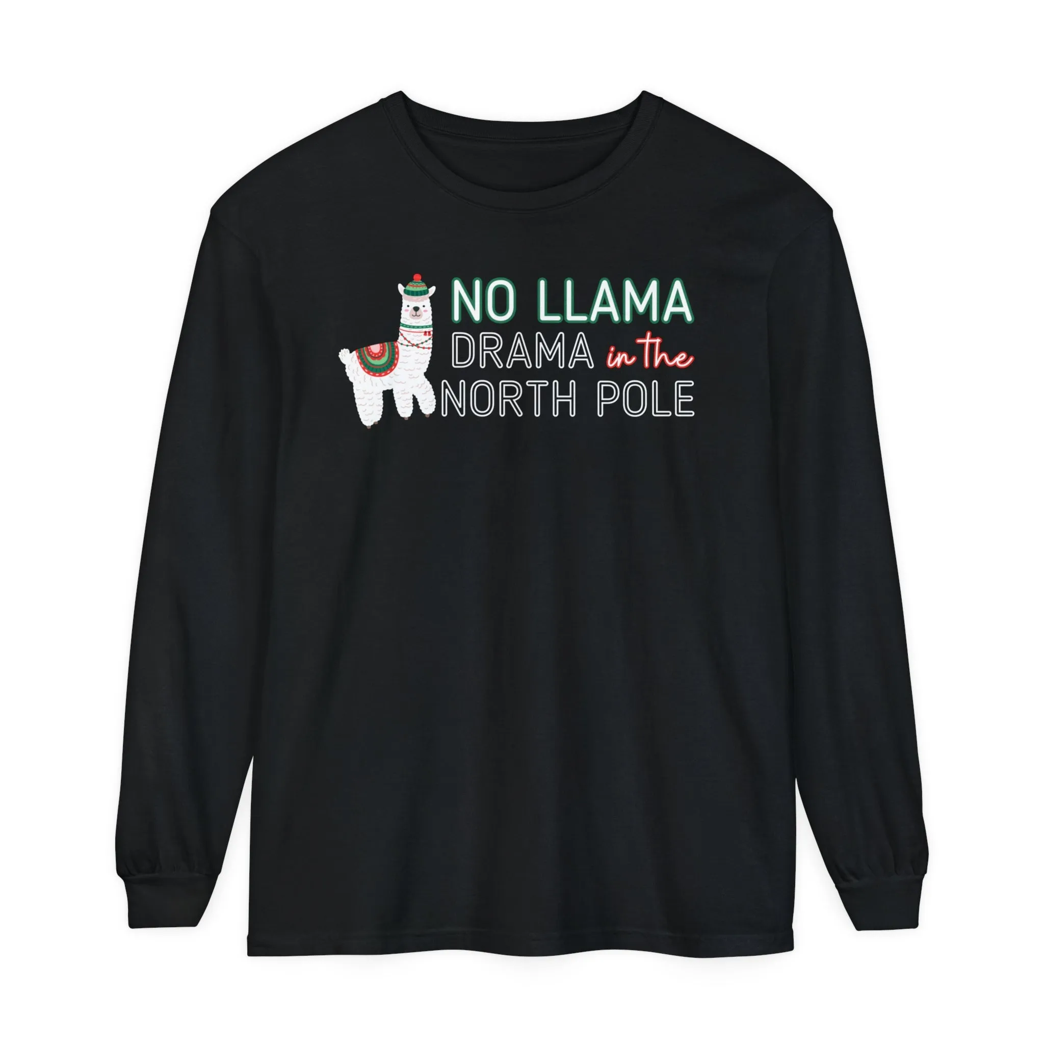 Comfort Colors Garment-Dyed Long Sleeve T-Shirt - 'No Llama Drama in the North Pole' Christmas Llama Tee