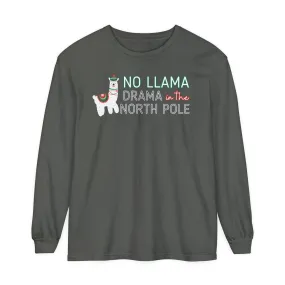 Comfort Colors Garment-Dyed Long Sleeve T-Shirt - 'No Llama Drama in the North Pole' Christmas Llama Tee