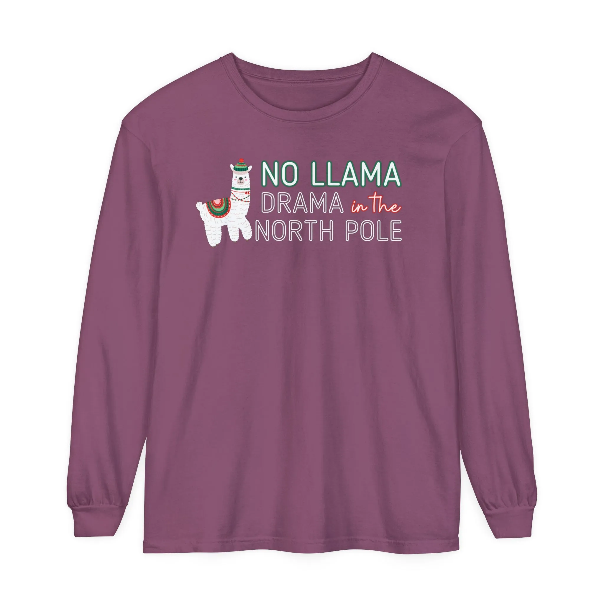 Comfort Colors Garment-Dyed Long Sleeve T-Shirt - 'No Llama Drama in the North Pole' Christmas Llama Tee