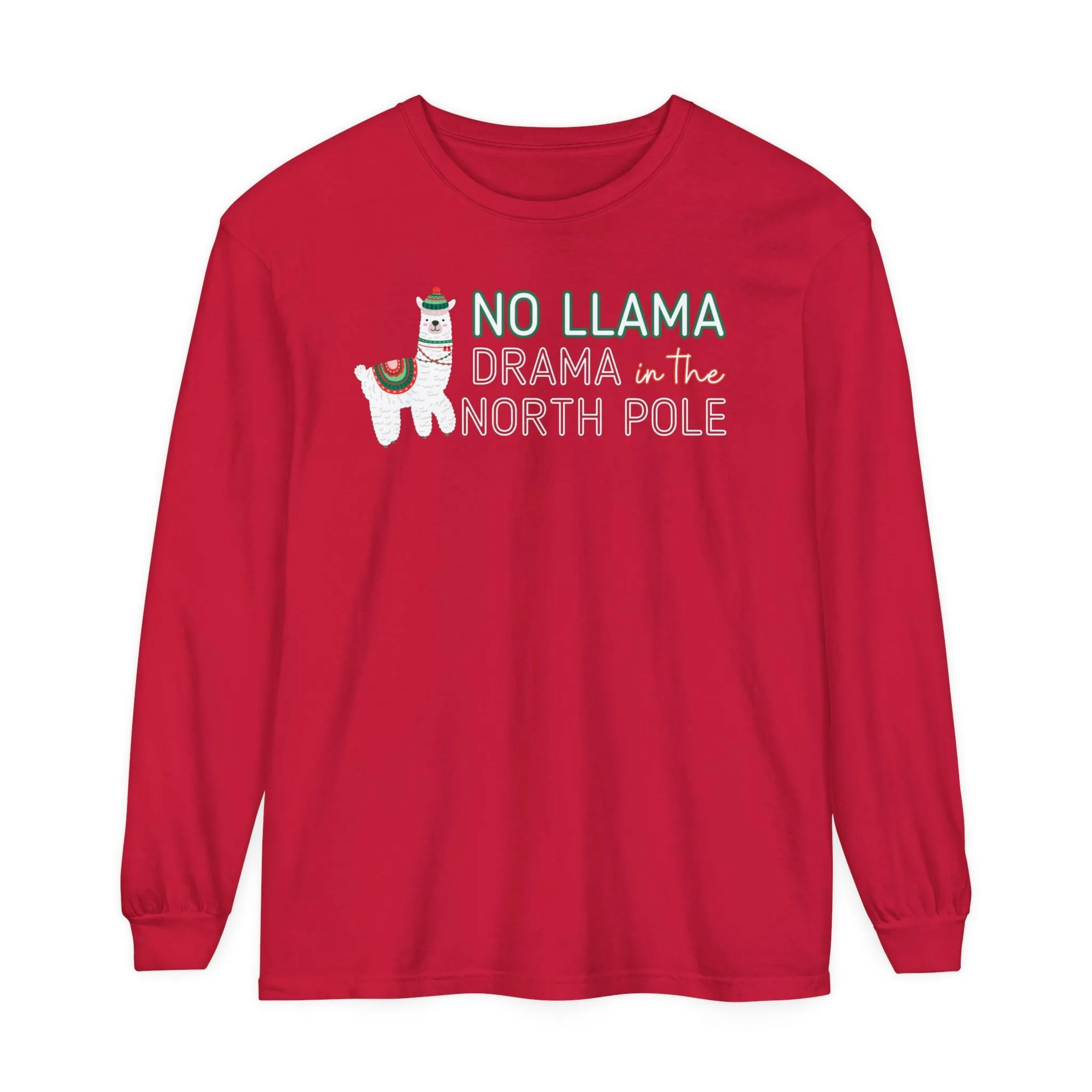Comfort Colors Garment-Dyed Long Sleeve T-Shirt - 'No Llama Drama in the North Pole' Christmas Llama Tee