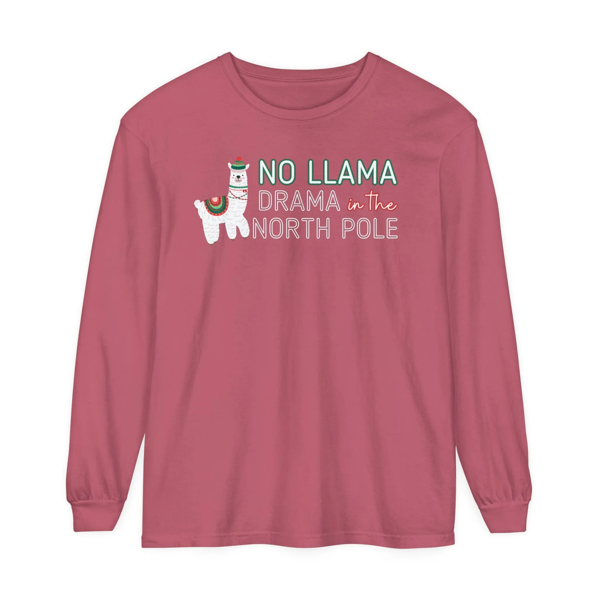 Comfort Colors Garment-Dyed Long Sleeve T-Shirt - 'No Llama Drama in the North Pole' Christmas Llama Tee