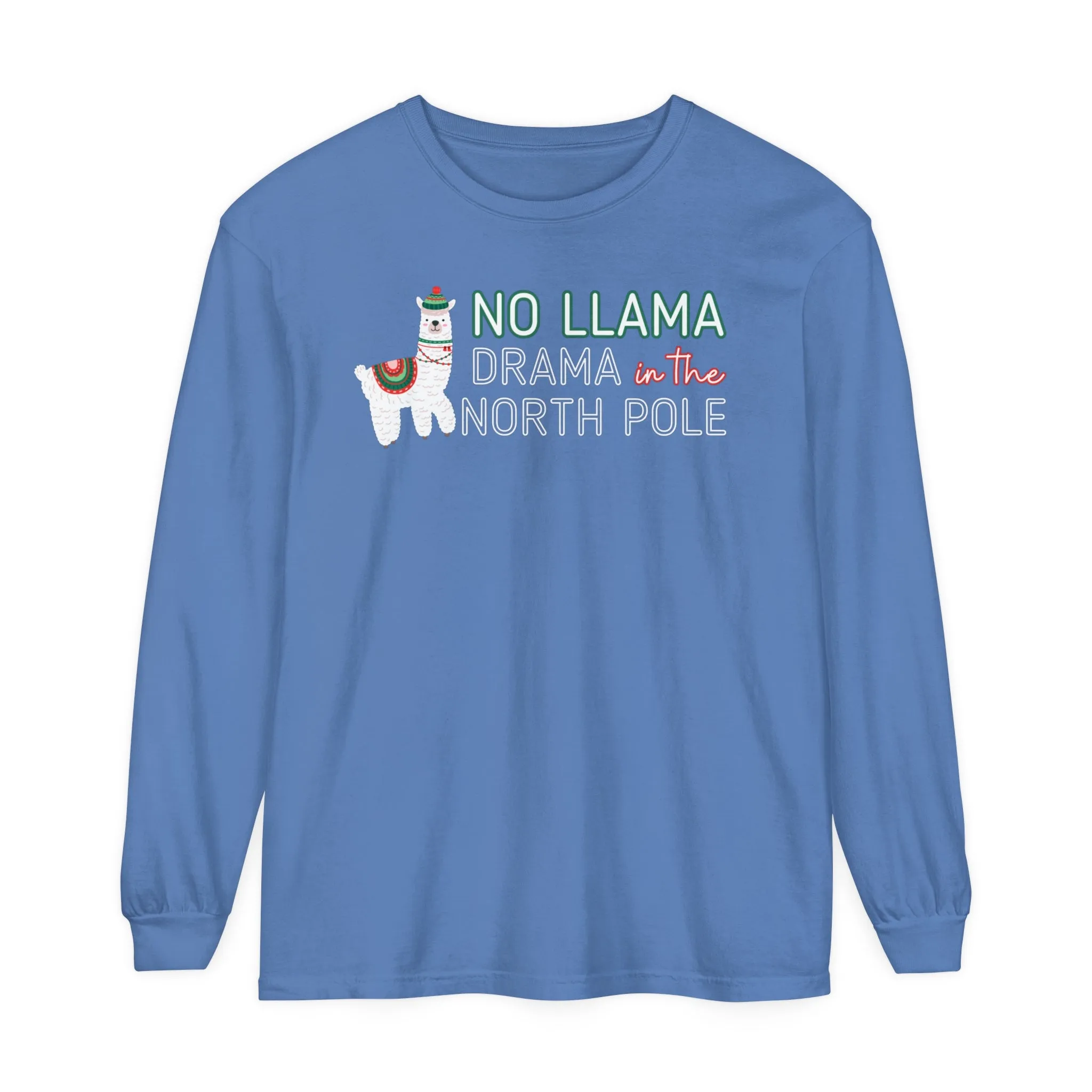 Comfort Colors Garment-Dyed Long Sleeve T-Shirt - 'No Llama Drama in the North Pole' Christmas Llama Tee
