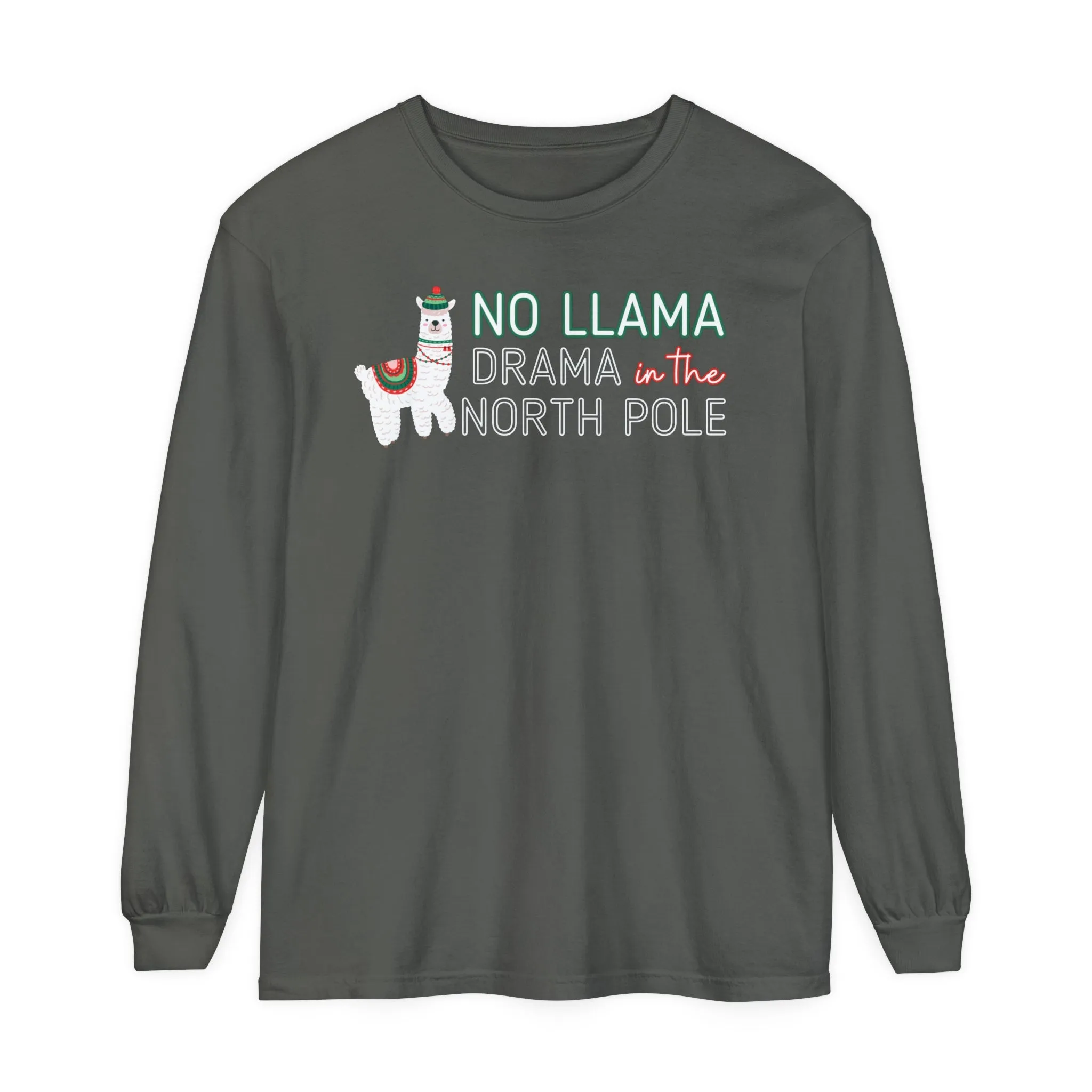 Comfort Colors Garment-Dyed Long Sleeve T-Shirt - 'No Llama Drama in the North Pole' Christmas Llama Tee