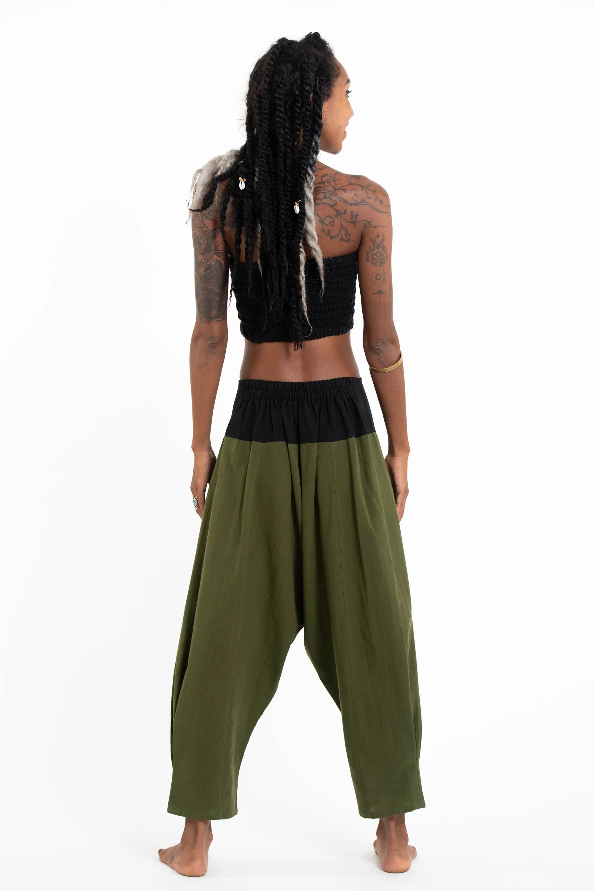 Cotton Women's Harem Pants with Faux Buttons in Green