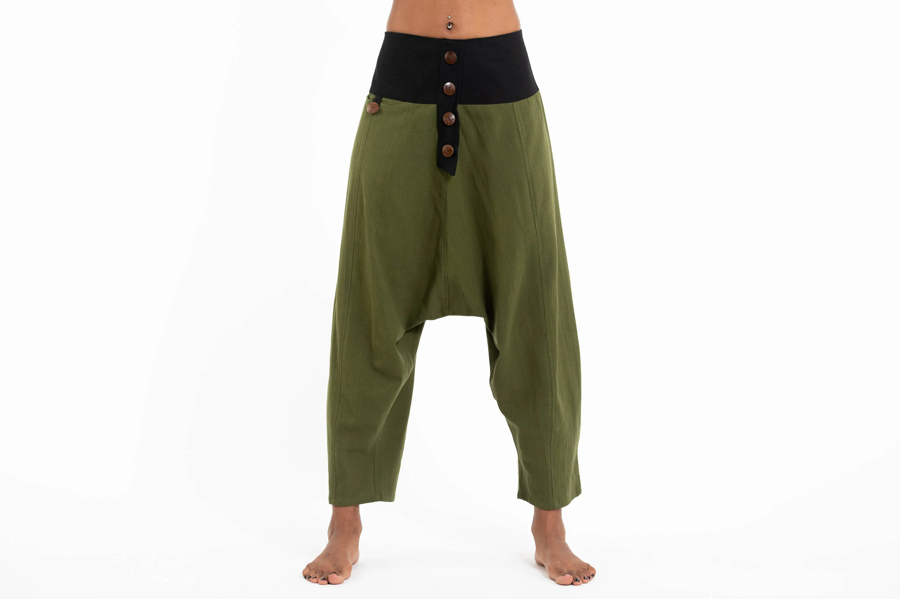 Cotton Women's Harem Pants with Faux Buttons in Green