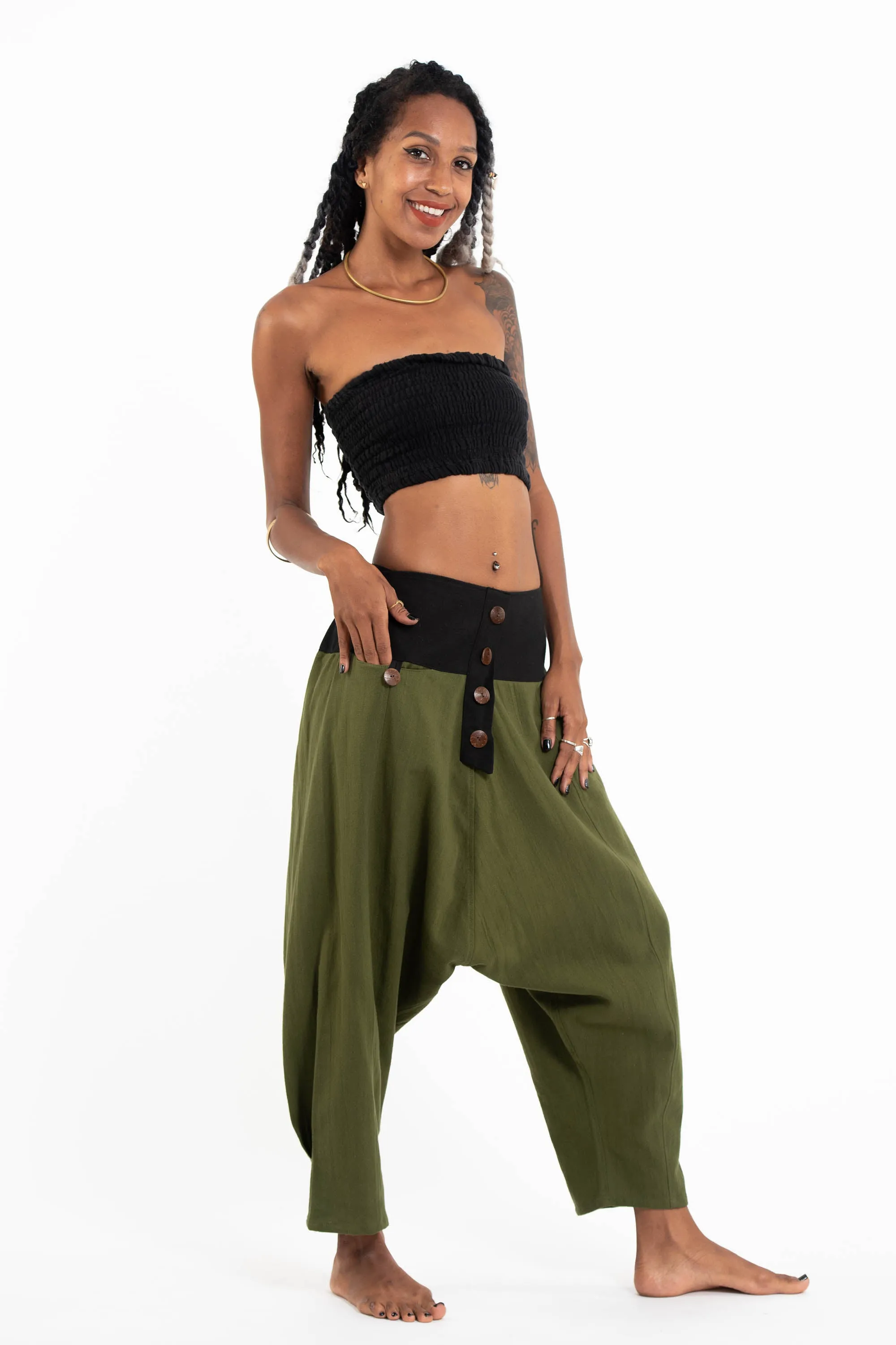 Cotton Women's Harem Pants with Faux Buttons in Green