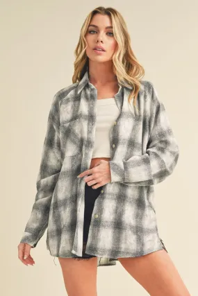 Gray Washed Plaid Flannel Shirt with Side Step Hem – Relaxed & Modern Fit