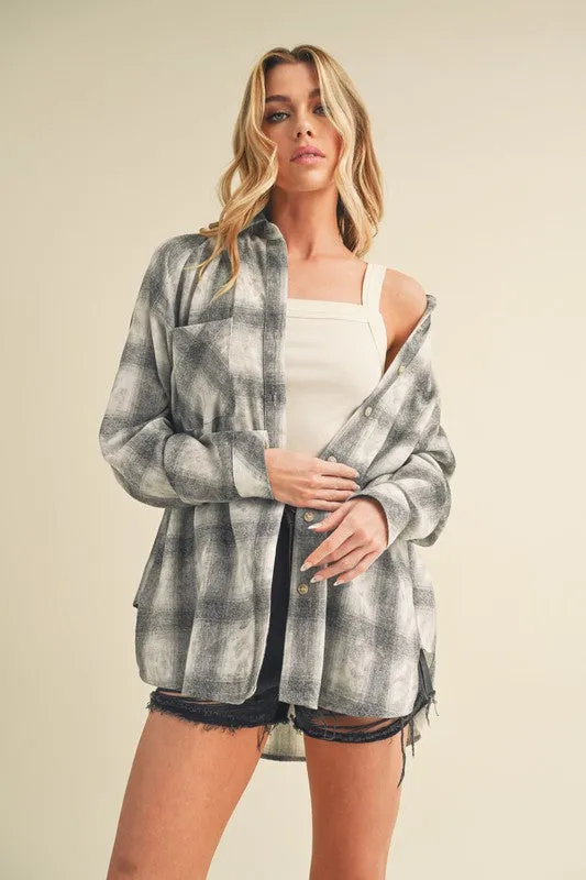 Gray Washed Plaid Flannel Shirt with Side Step Hem – Relaxed & Modern Fit