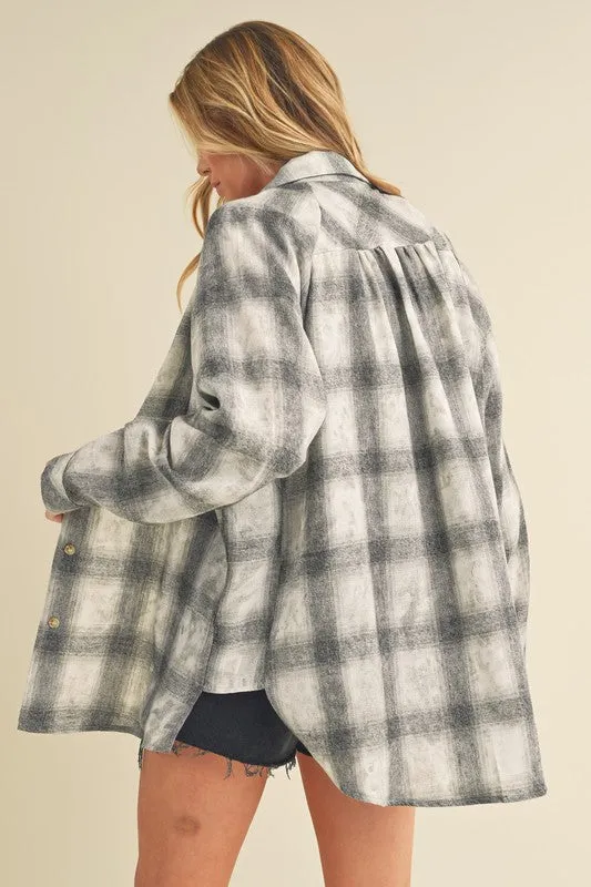 Gray Washed Plaid Flannel Shirt with Side Step Hem – Relaxed & Modern Fit