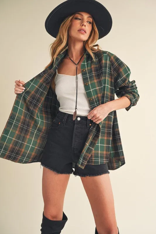 Green Plaid Flannel Button-Up Shirt