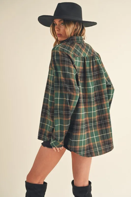 Green Plaid Flannel Button-Up Shirt