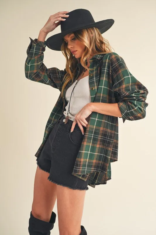 Green Plaid Flannel Button-Up Shirt
