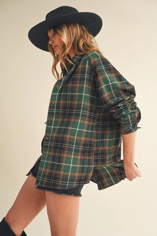 Green Plaid Flannel Button-Up Shirt