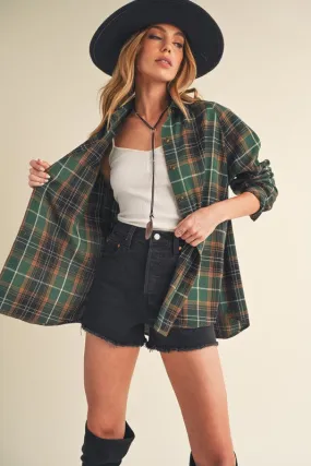 Green Plaid Flannel Button-Up Shirt
