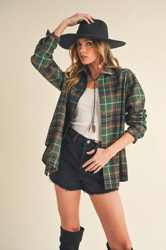 Green Plaid Flannel Button-Up Shirt