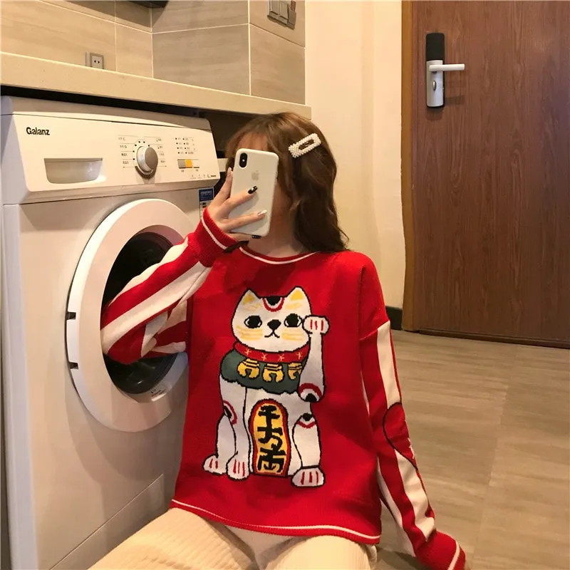 Kawaii Red Neko Lucky Cat Sweater