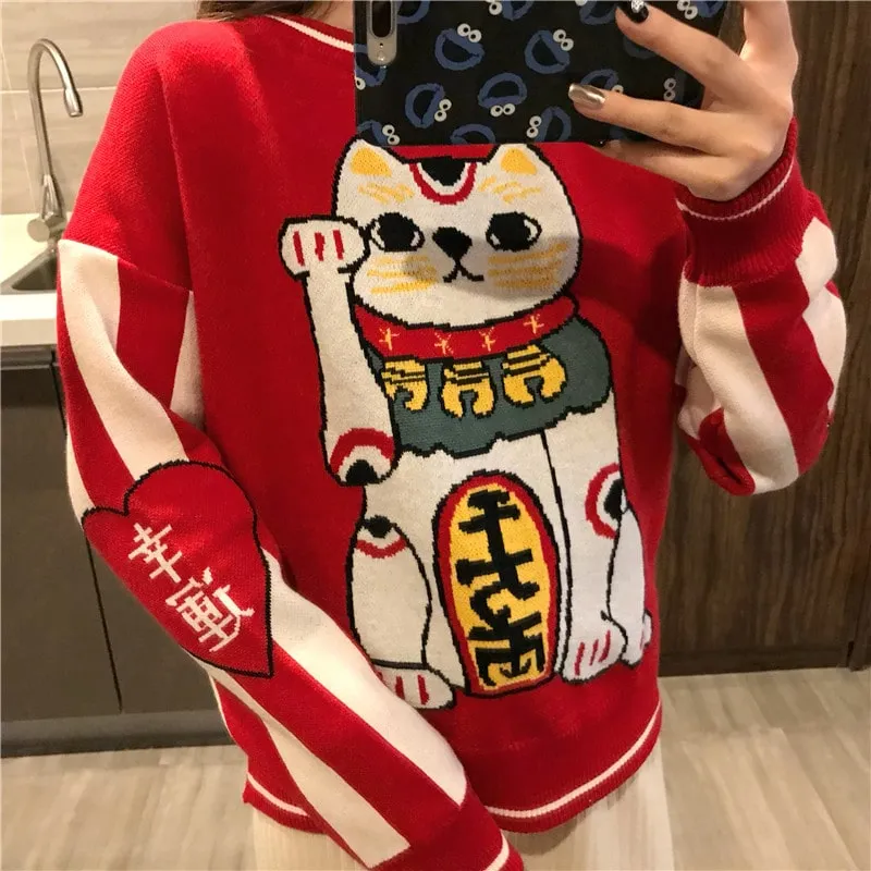 Kawaii Red Neko Lucky Cat Sweater