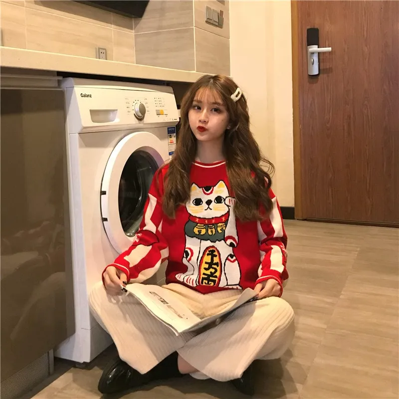Kawaii Red Neko Lucky Cat Sweater