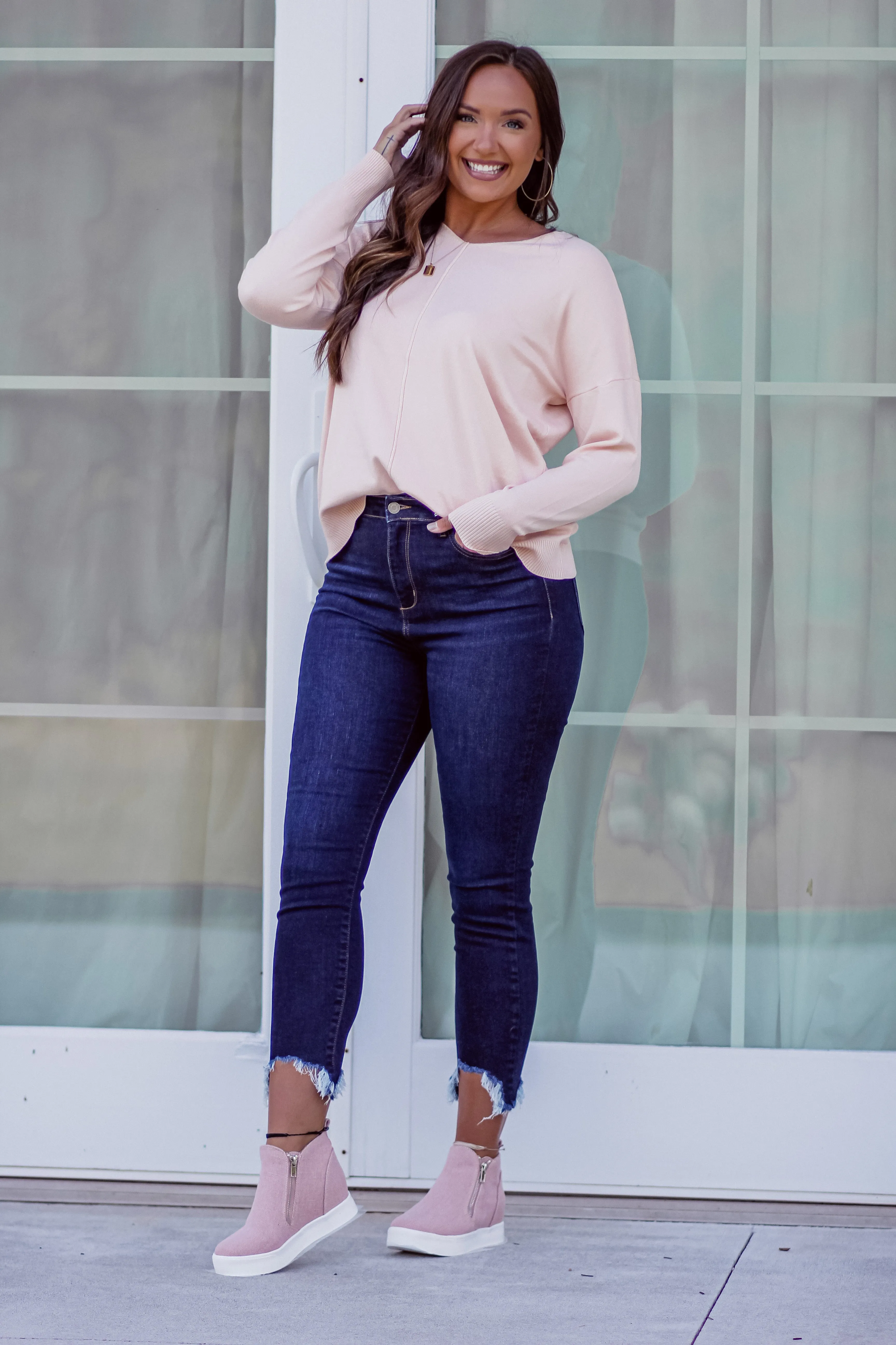 Light Peach Soft Knit V Neck Sweater