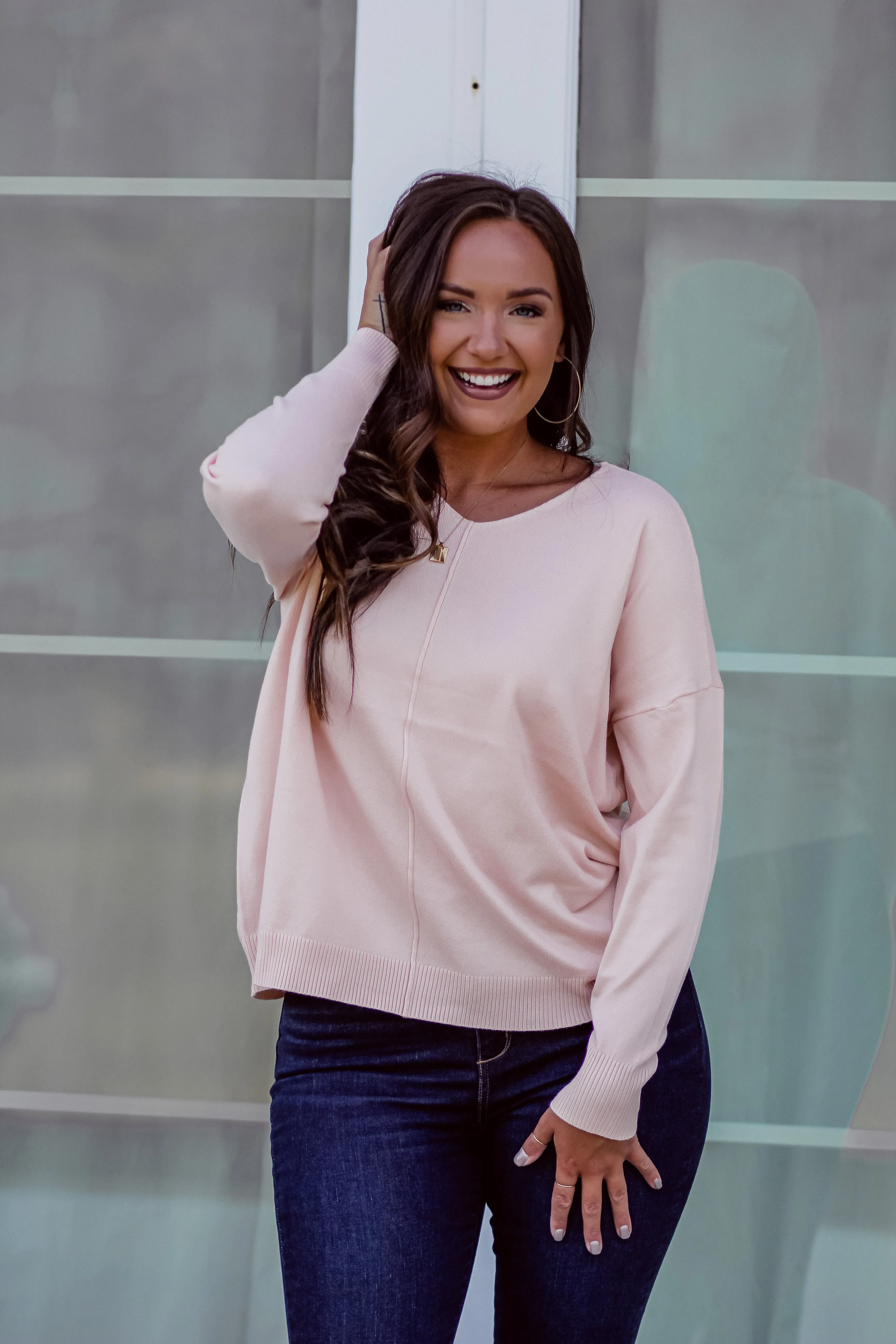 Light Peach Soft Knit V Neck Sweater