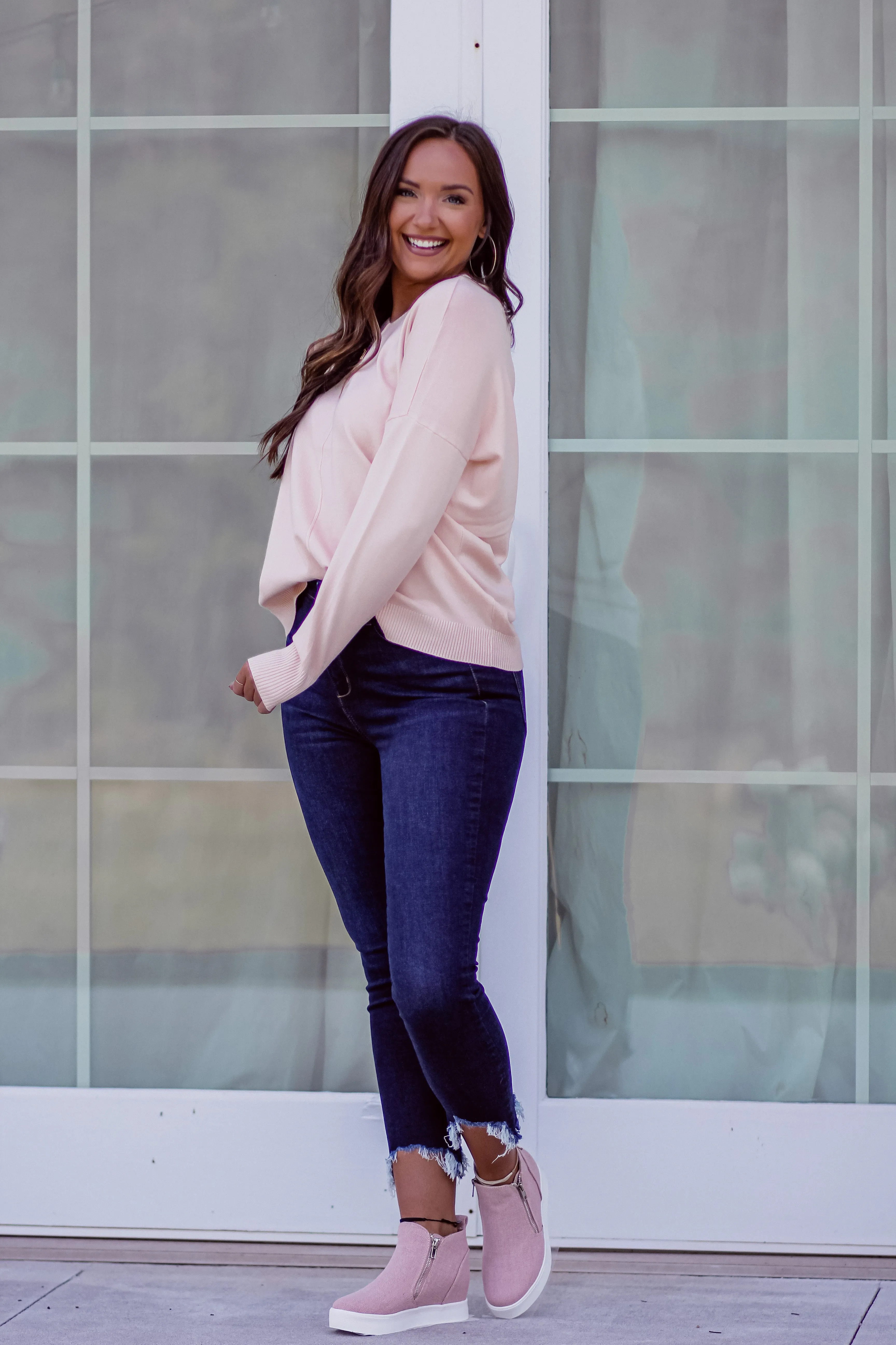 Light Peach Soft Knit V Neck Sweater