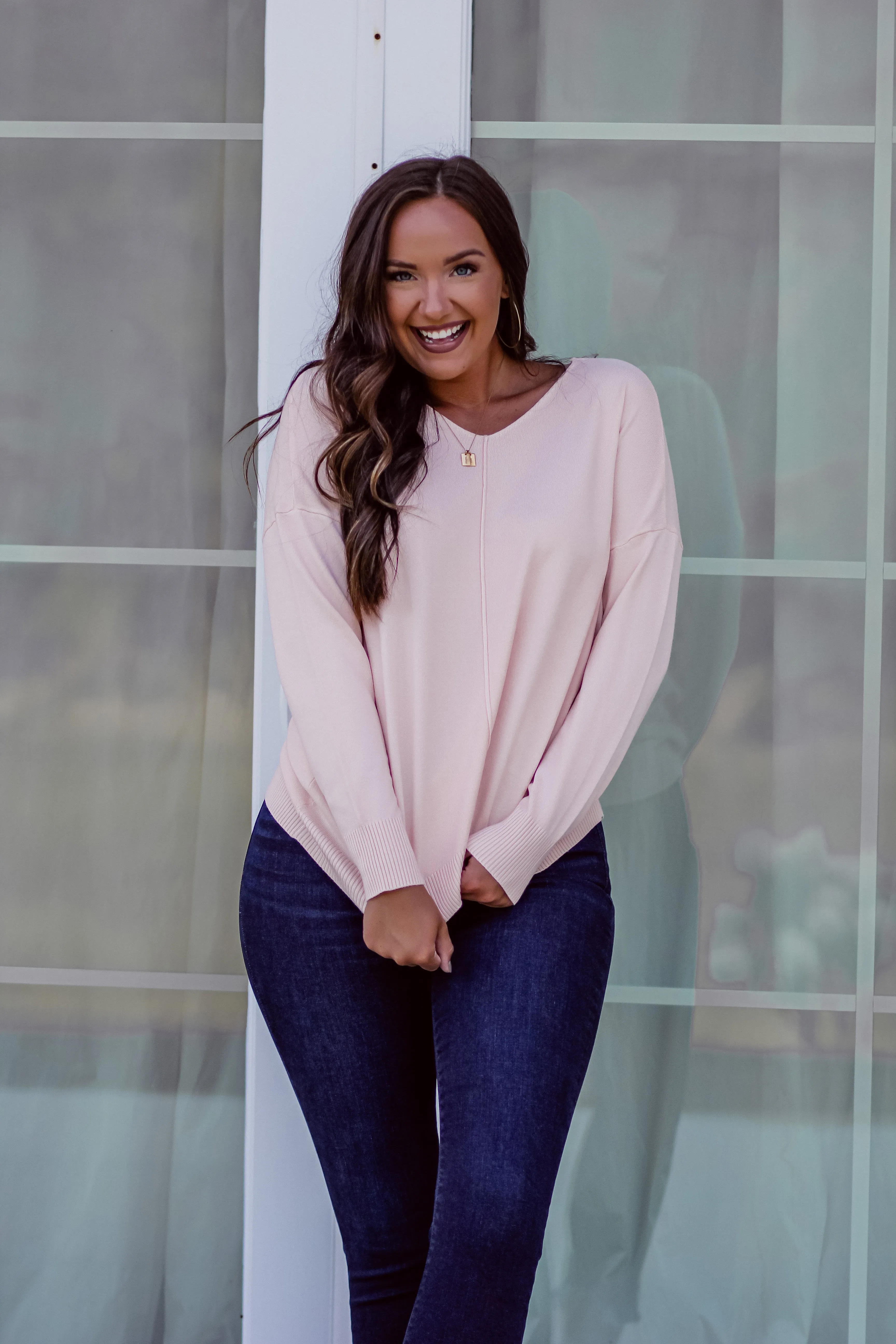 Light Peach Soft Knit V Neck Sweater