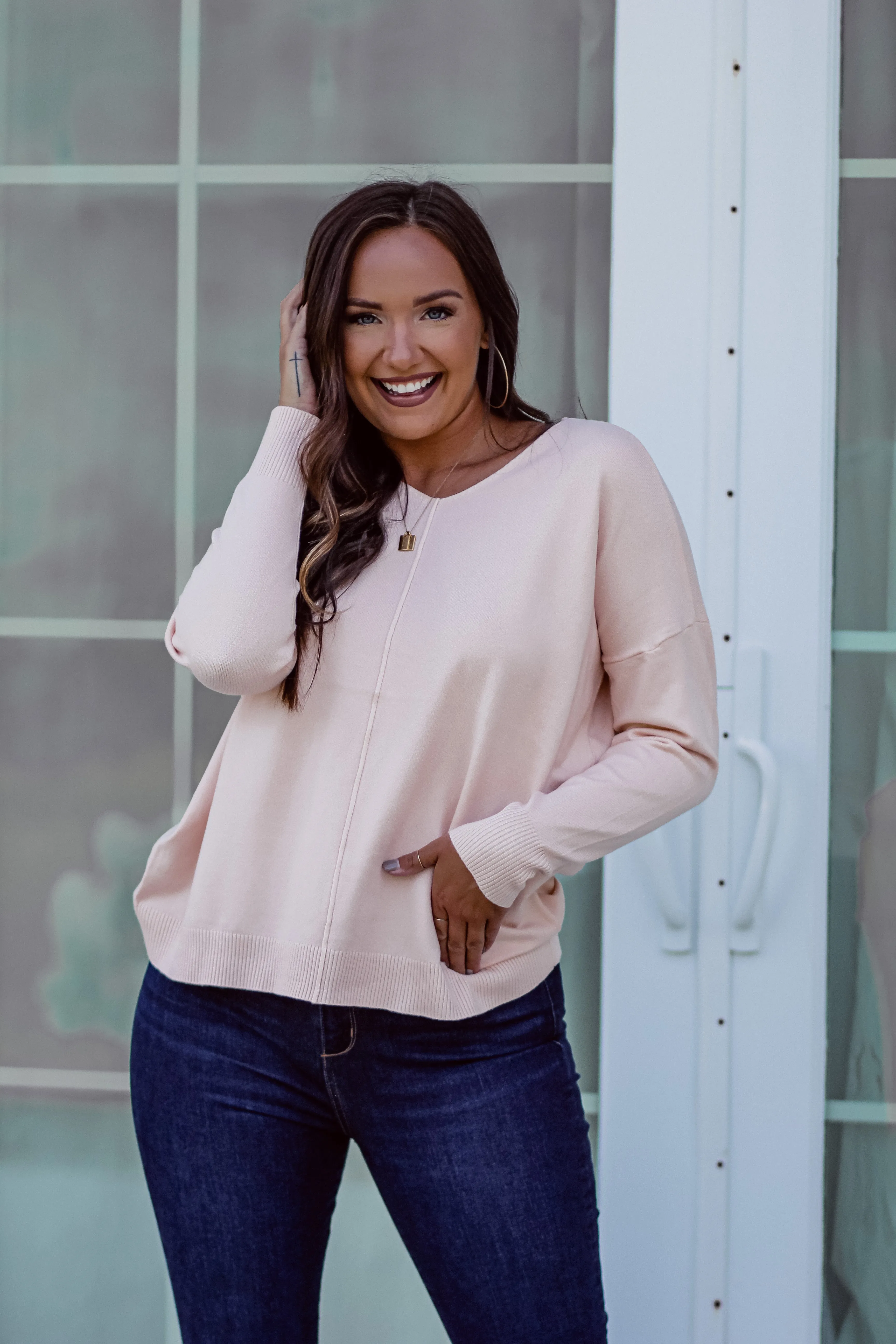 Light Peach Soft Knit V Neck Sweater