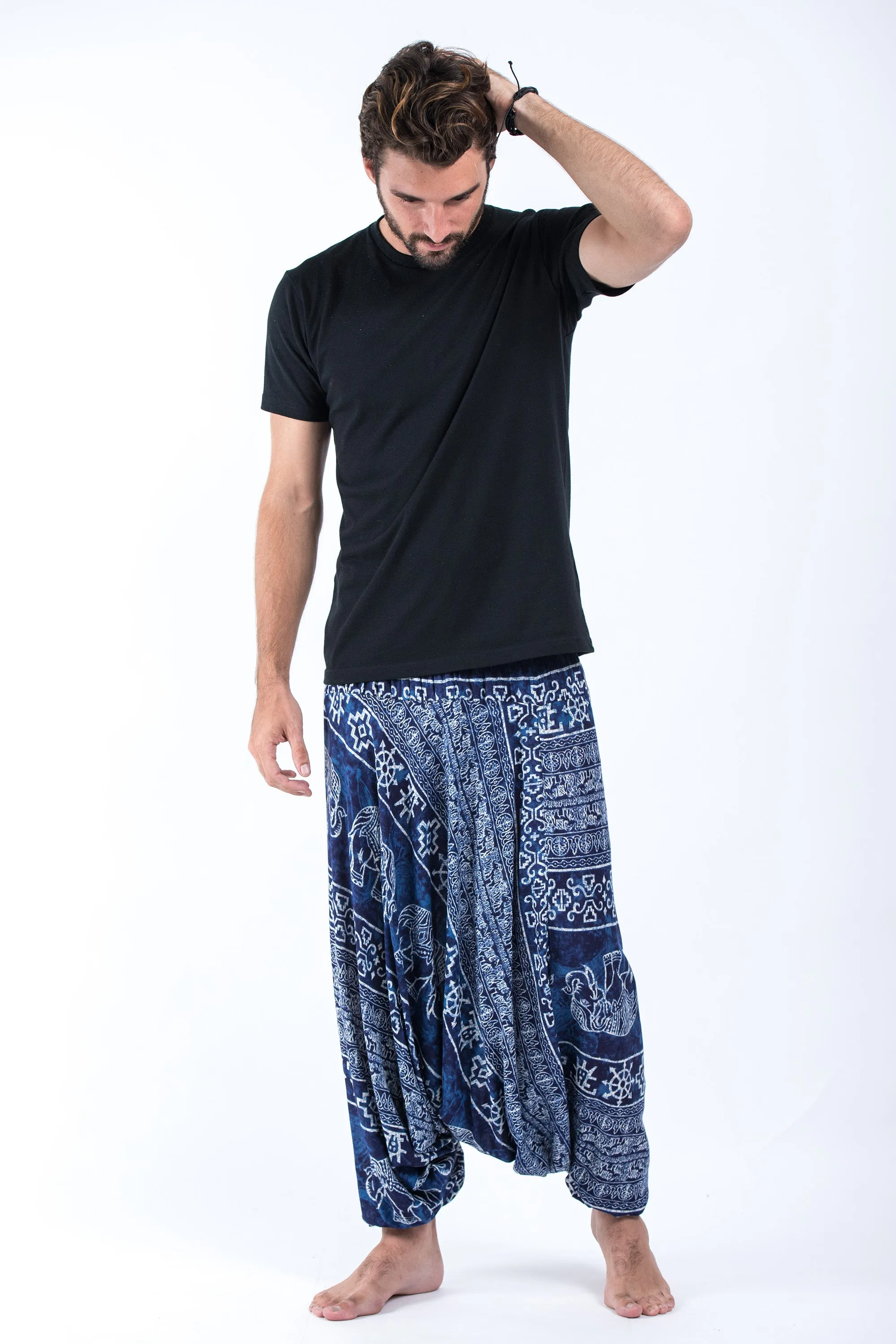 Marble Elephant Drop Crotch Men's Elephant Pants in Blue