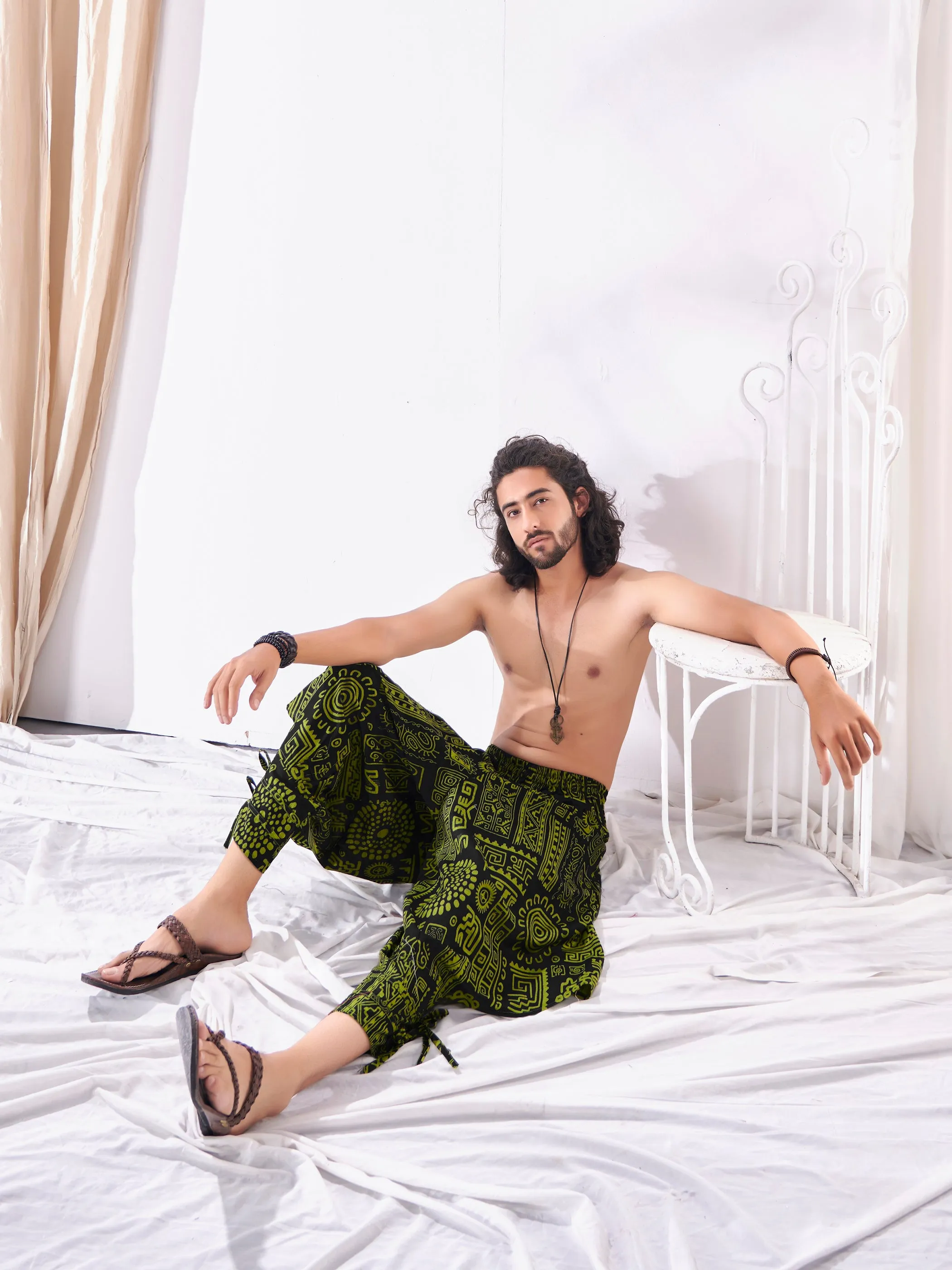 Men's Arabic Neon Green Baggy Boho Hippy Harem Pants For Travel