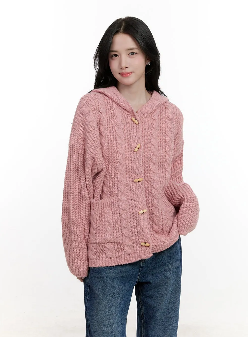 Oversized Cable Knit Hooded Cardigan CF527