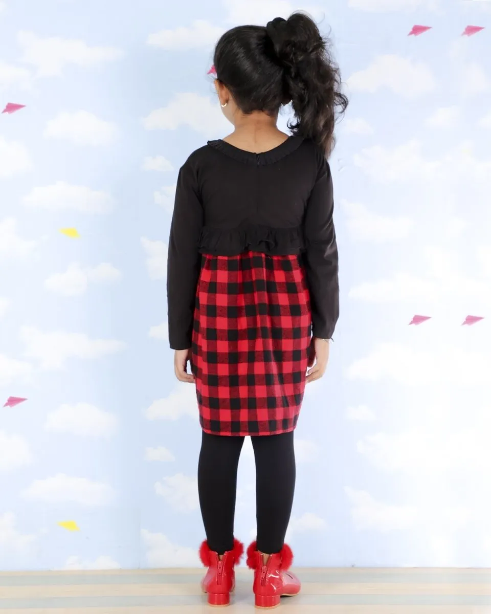Red and Black Plaid Girls Flannel Dress with Black Leggings