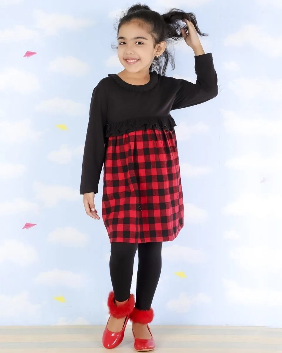 Red and Black Plaid Girls Flannel Dress with Black Leggings