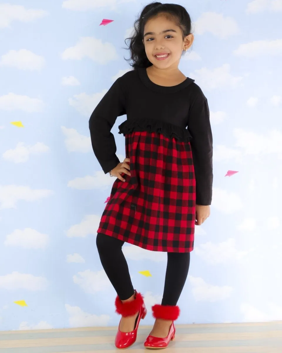 Red and Black Plaid Girls Flannel Dress with Black Leggings