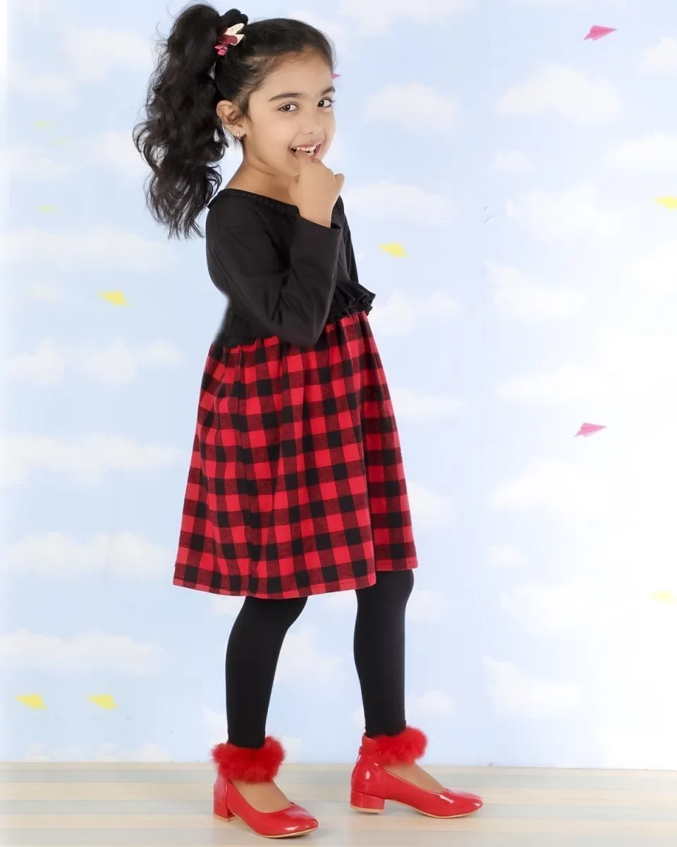Red and Black Plaid Girls Flannel Dress with Black Leggings