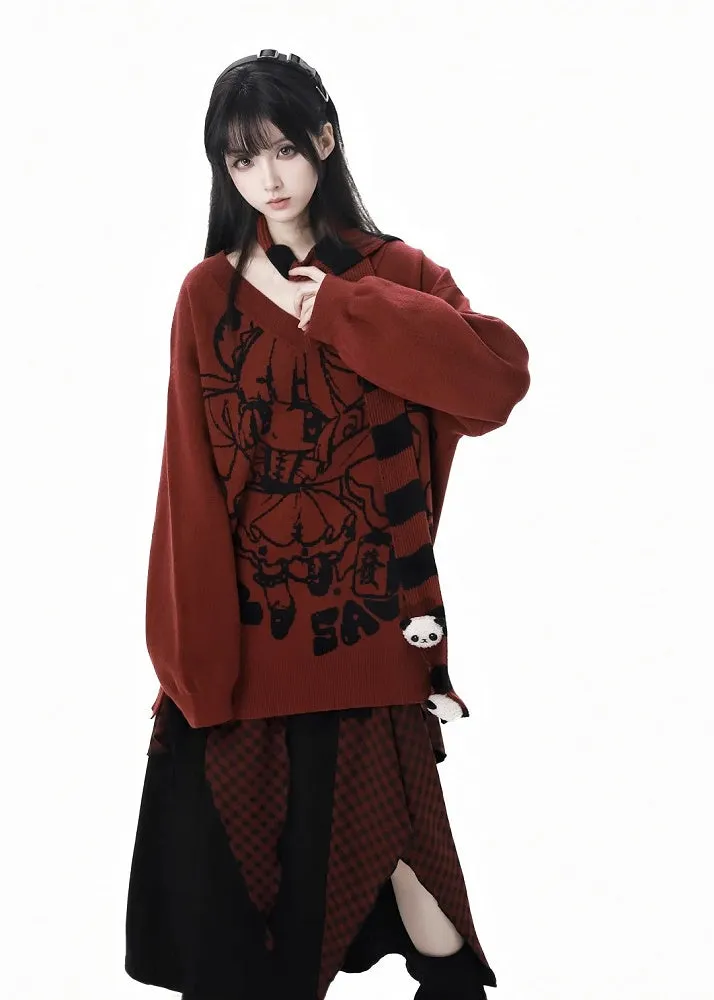 Red V-neck Cartoon Pattern Knitted Sweater
