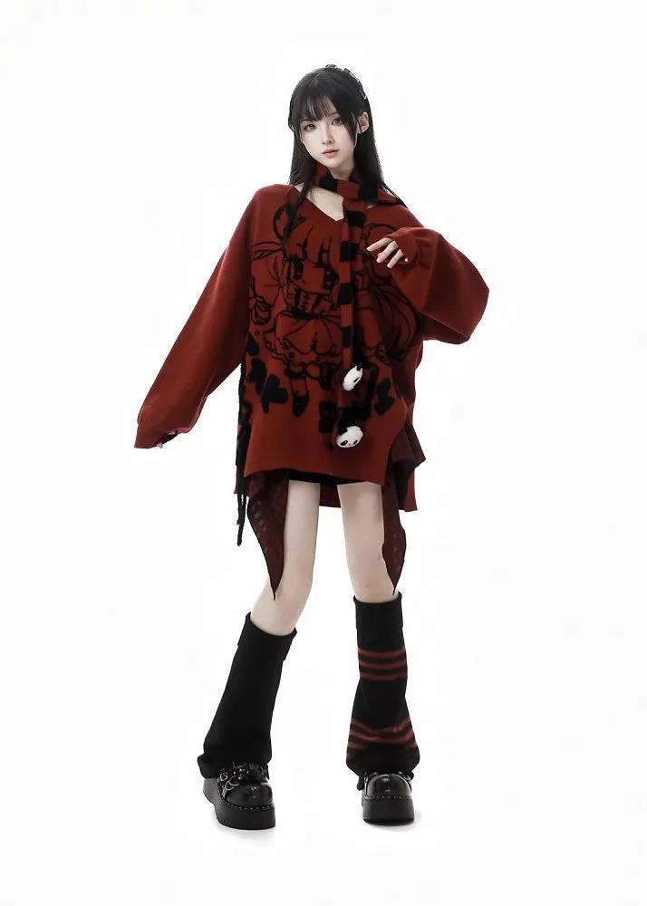 Red V-neck Cartoon Pattern Knitted Sweater