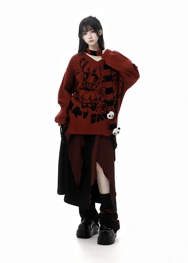 Red V-neck Cartoon Pattern Knitted Sweater